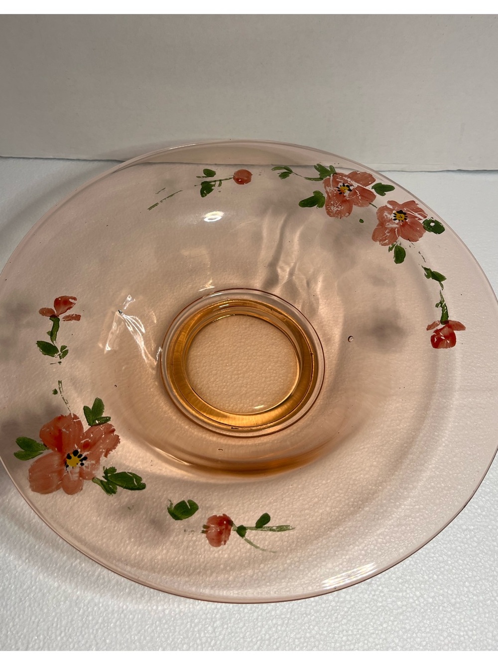 Elegant Vintage Pink Glass Hand Painted Floral Cake Plate • 12” Serving Plate